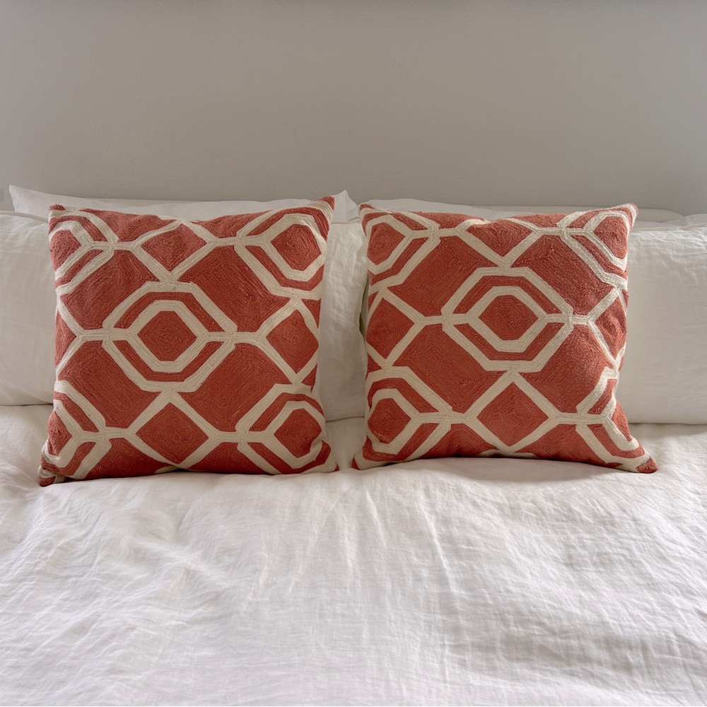 Pottery Barn Pair Pillow Covers AND INSERTS Orange Geometric 20” square.